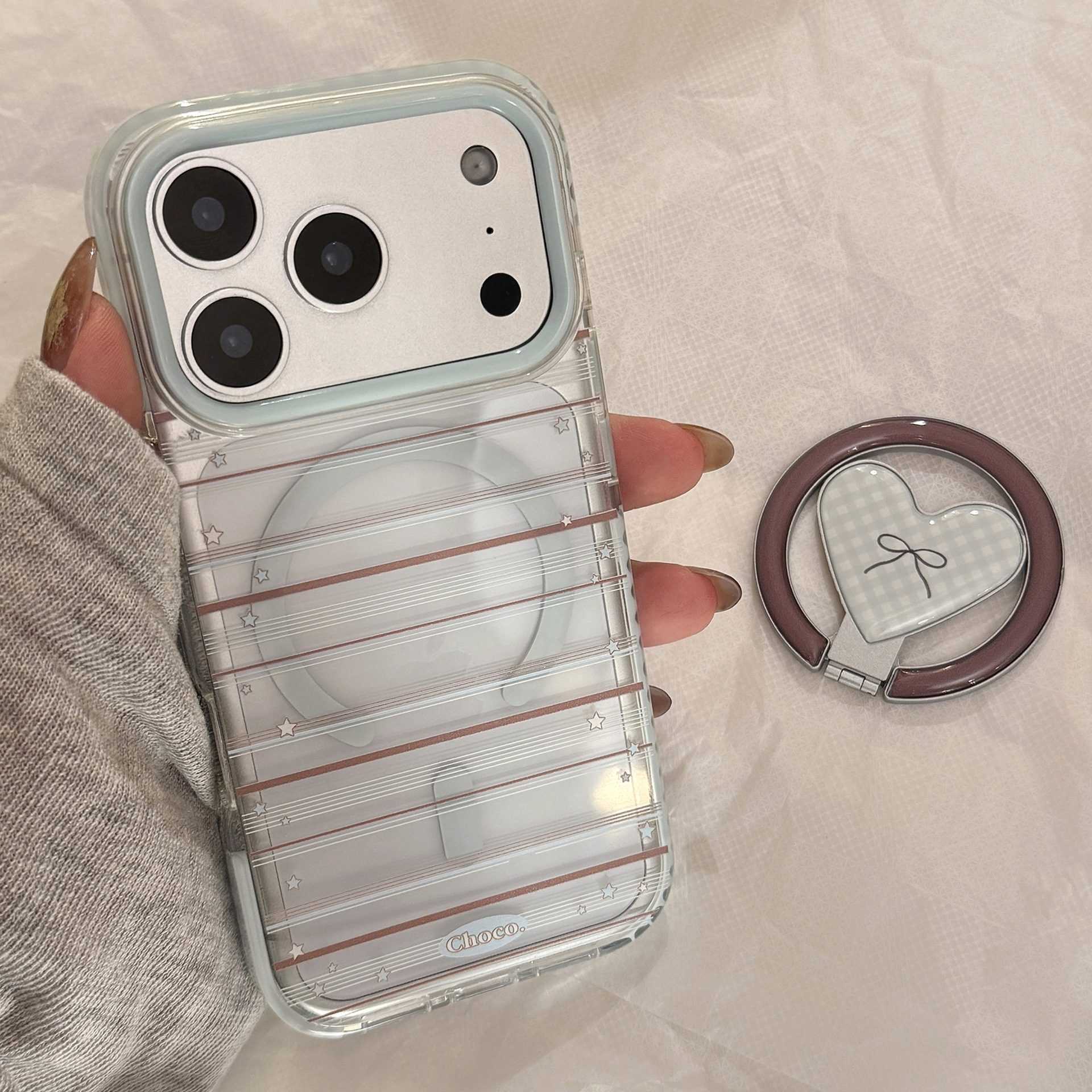 Loving Magnetic Suction Bracket Phone Case In Blue And Brown With A Bow Design