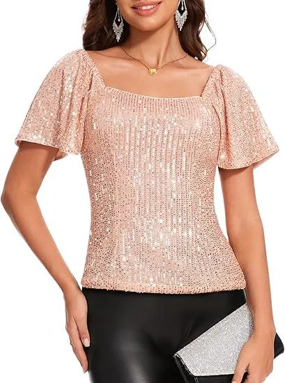 Women's Square Collar Fashion Short Sleeve Sequins Puff Sleeve Shirt Leather Pink - Shop at LoveMi