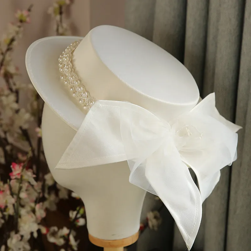 French Elegant Pearl Flat Top Hat Women - White