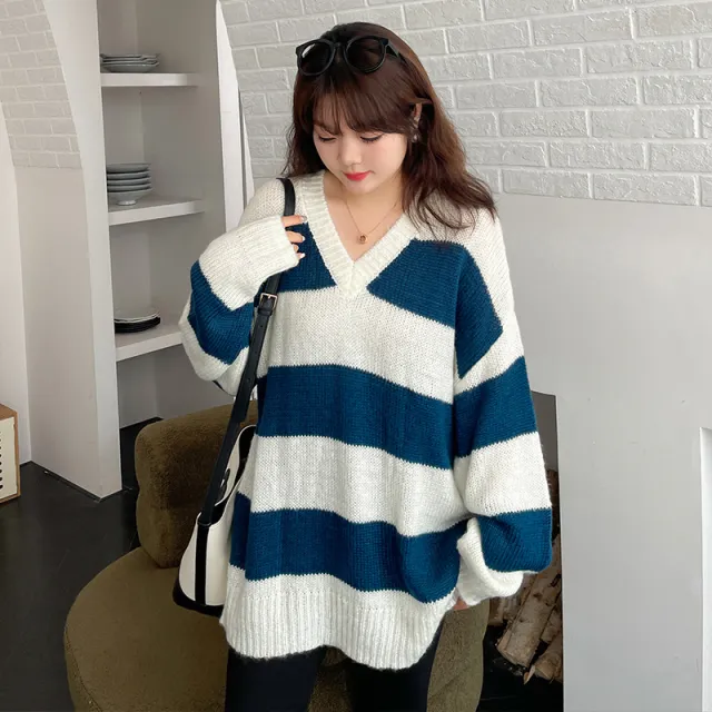 Large Striped Loose Large Sweater Lake Blue - Shop at LoveMi
