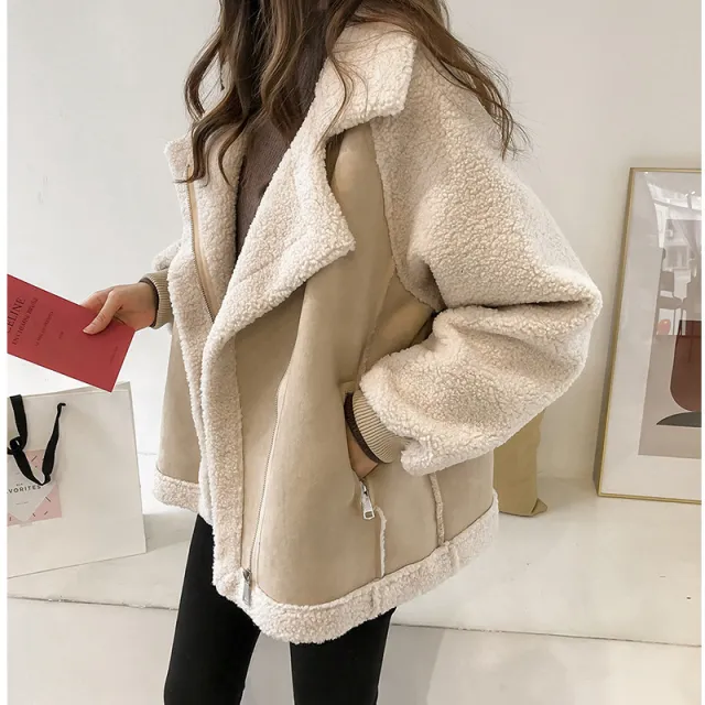 Suede Coat Women's Short Lambswool Motorcycle Clothing Apricot - Shop at LoveMi