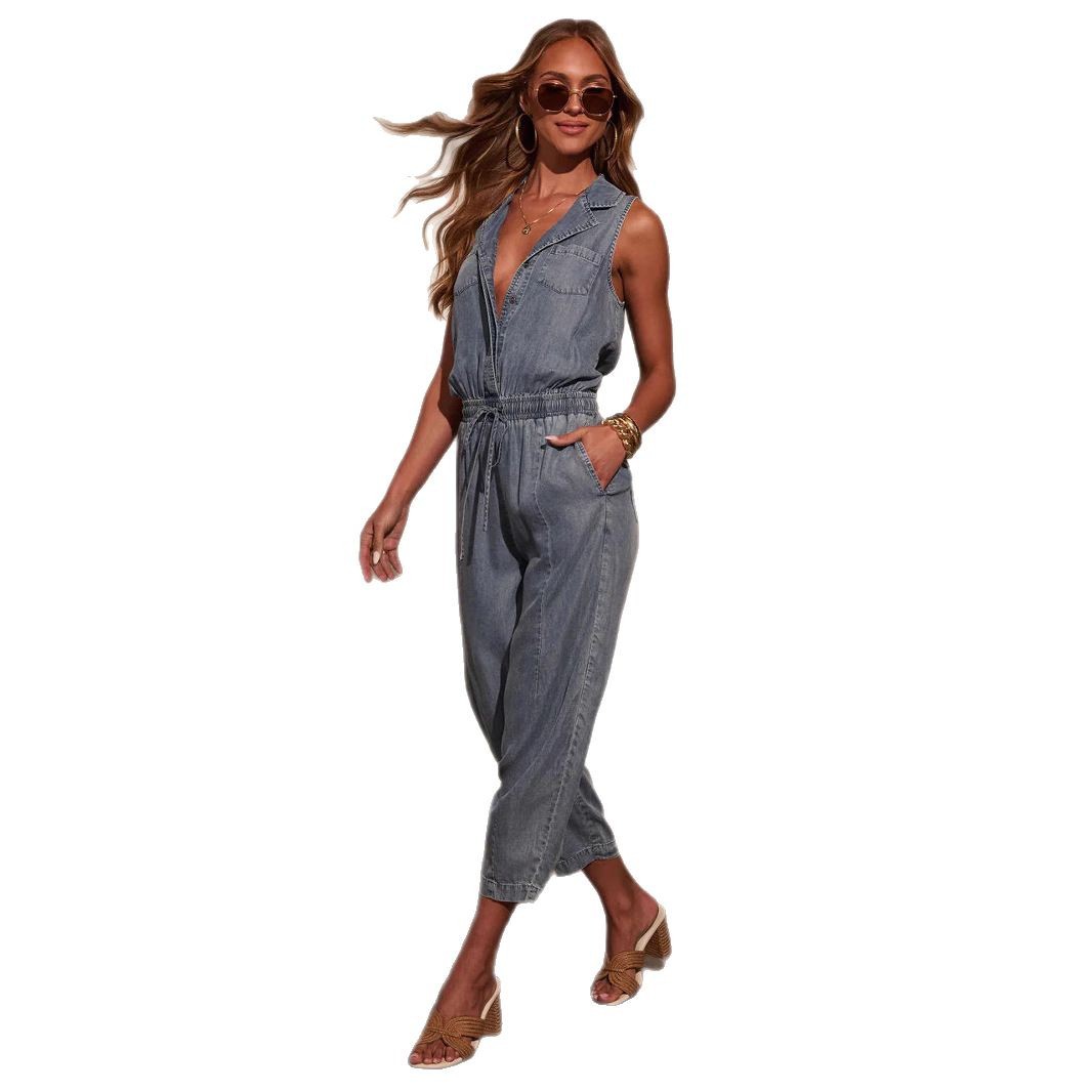 Womens Casual Washed Lightweight Denim Jumpsuit