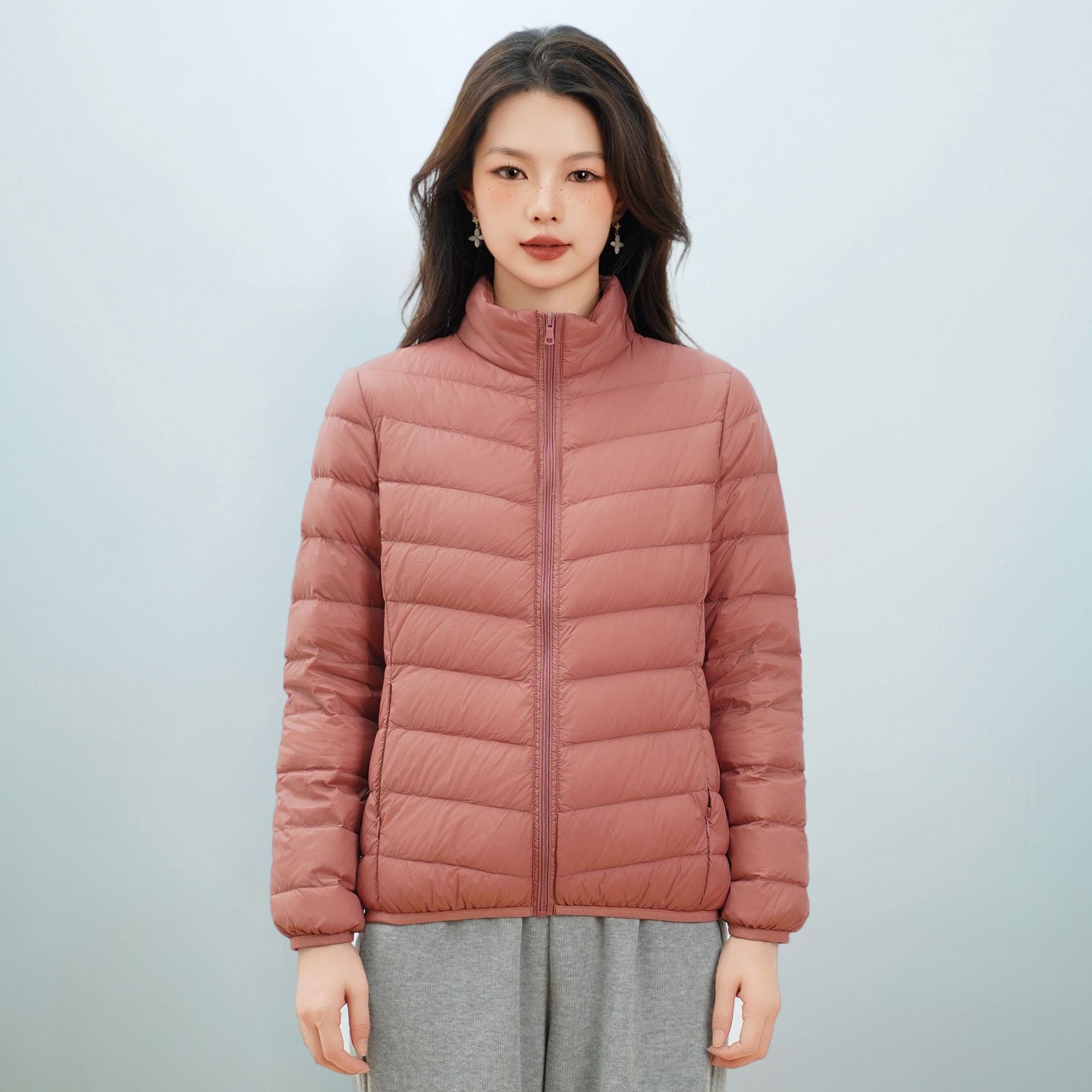 Solid-color Womens Stand-collar Lightweight Down Jacket For Women