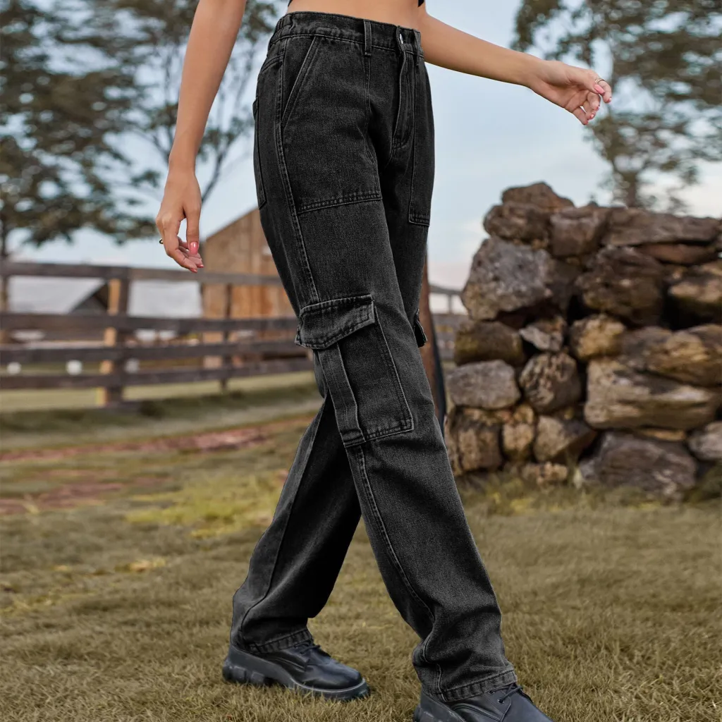 Retro Washed Half Elastic Design Jeans For Women - Gray