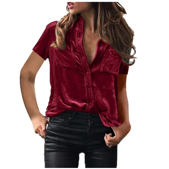 European And American Spring And Summer Pocket Shirt Top Solid Color Elegant Long Sleeve Shirt For Women Wine Red Short Sleeve - Shop at LoveMi