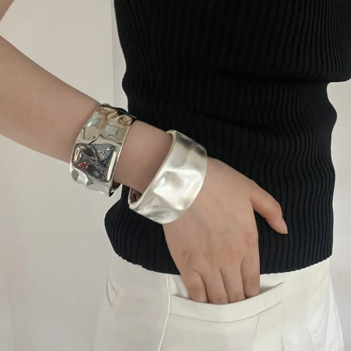 European And American In Cold Style Personality Concave-convex Metal Texture Alloy Open-ended Bracelet