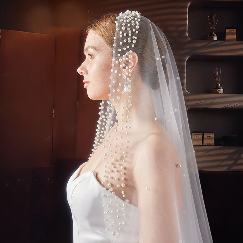 Bridal Wedding Beaded Single-layer Medium-length Veil