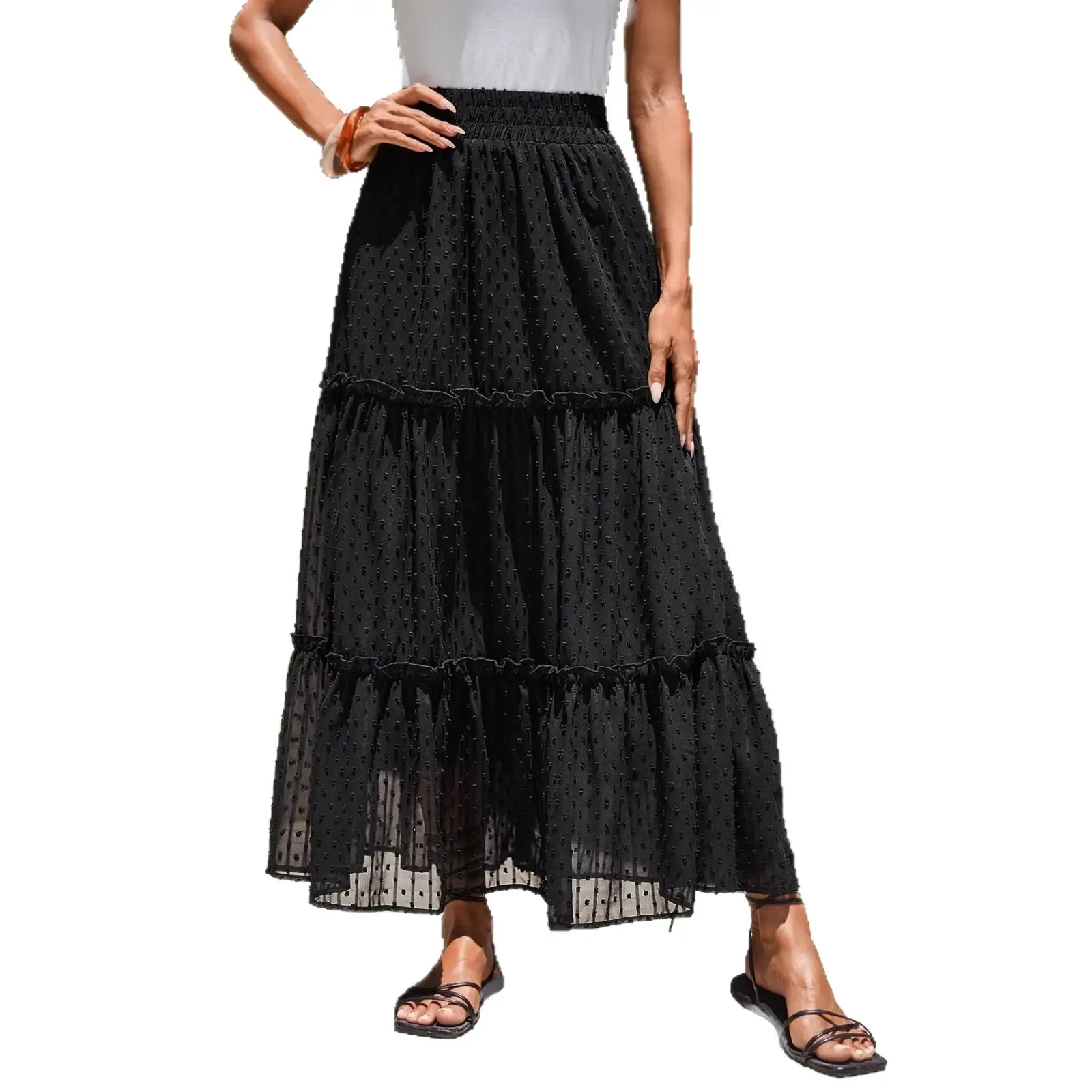 French-style Ruffle-trimmed Lace Patchwork Skirt A-line Slimming Layered Long Dress