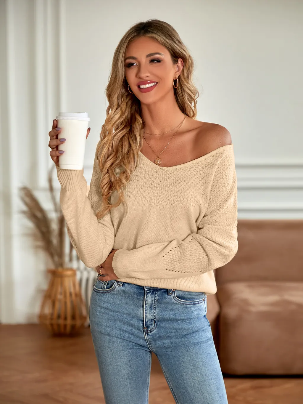 Solid Colour And V-neck Loose Trendy Women's Sweater - Beige