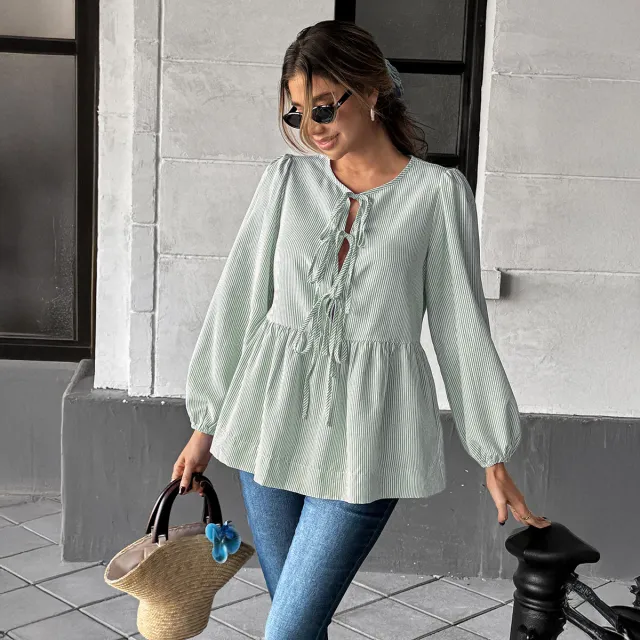 Elegant Striped Long Sleeve Tied T shirt Shirt Women's Clothing Green - Shop at LoveMi