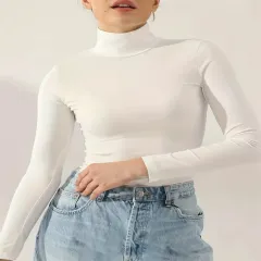 European And American Solid Colour Turtleneck Casual Long-sleeved Top - White - View 1