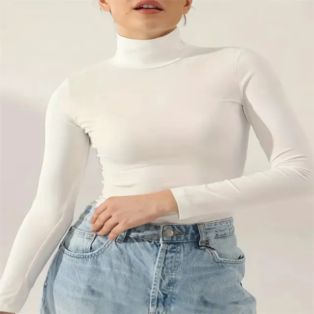 European And American Solid Color Turtleneck Casual Long sleeved Top White - Shop at LoveMi
