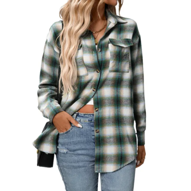 Casual Fashion Loose Plaid Pocket Shirt For Women Dreamy Green - Shop at LoveMi