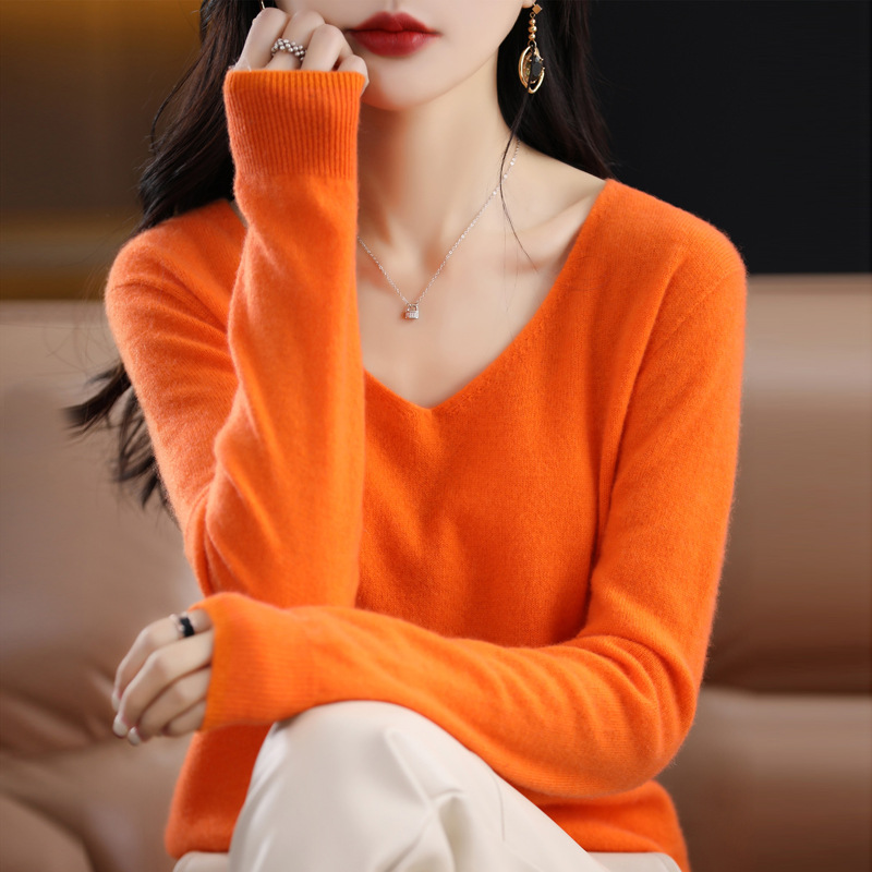 Women's Knitted New V neck Pullover Sweater Wool Base Shirt Aima Orange - Shop at LoveMi