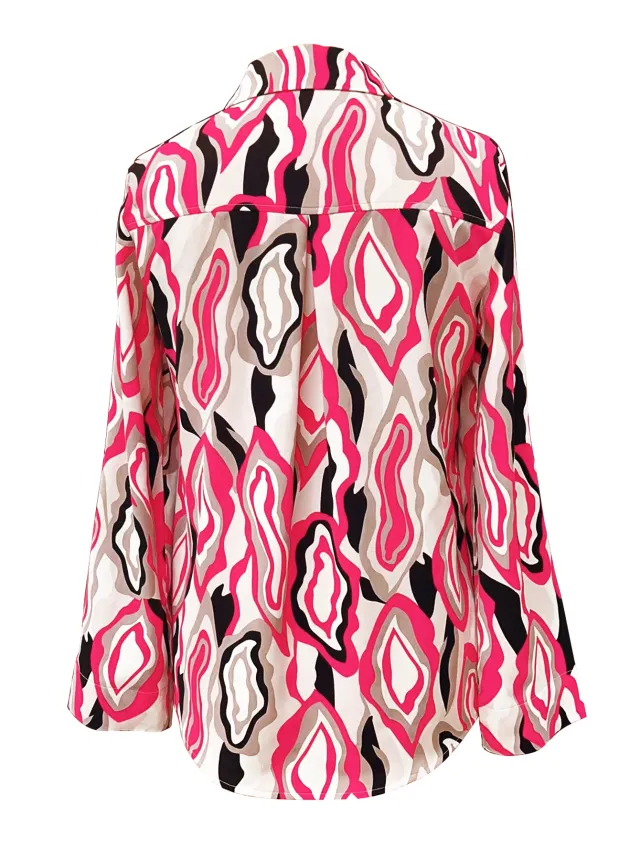 Rose Abstract Printing Curling Sleeve Chest Pocket Shirt Rose - Shop at LoveMi