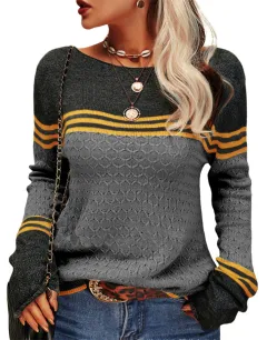 Temperament Commute Long Sleeve Knitted Striped Color-block Crew Neck Sweater - Black - View 1