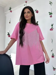 Rhinestone Short Sleeve Women's T-shirt Loose Niche - Pink - View 1