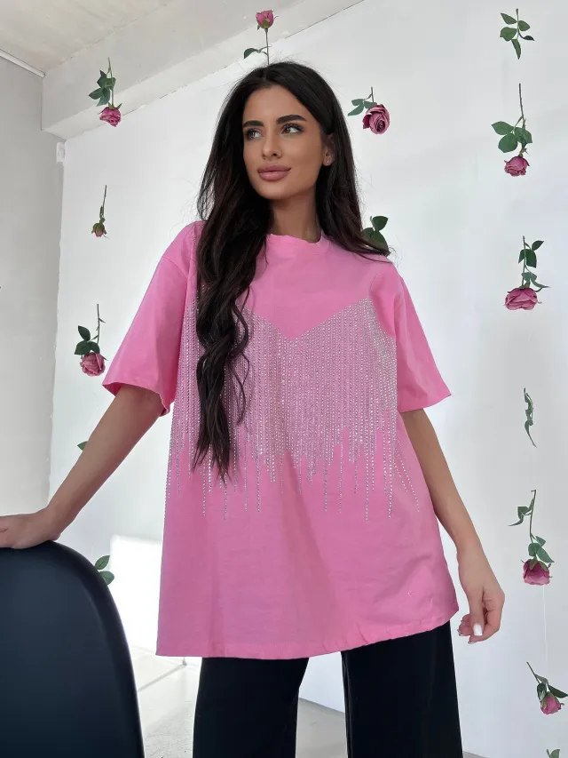 Rhinestone Short Sleeve Women's T shirt Loose Niche Pink - Shop at LoveMi