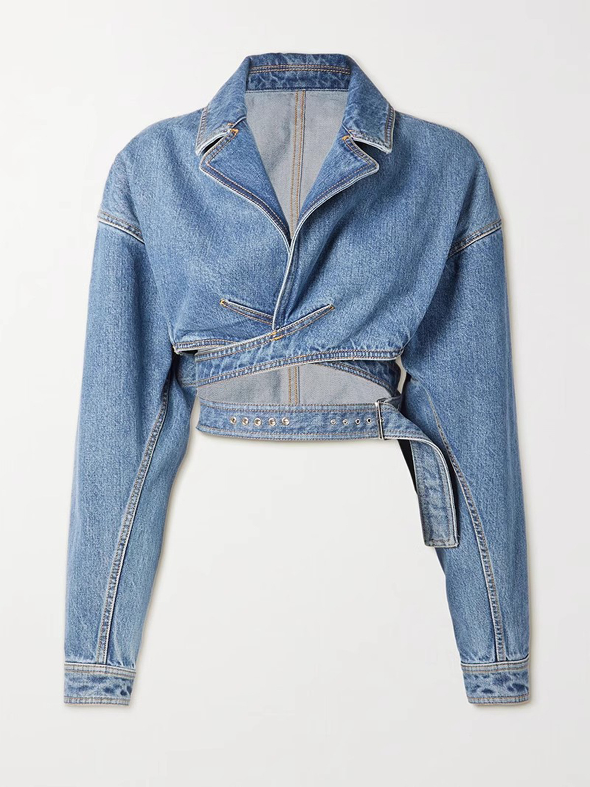 Cross Cardigan Midriff Outfit Knotted Short Denim Jacket