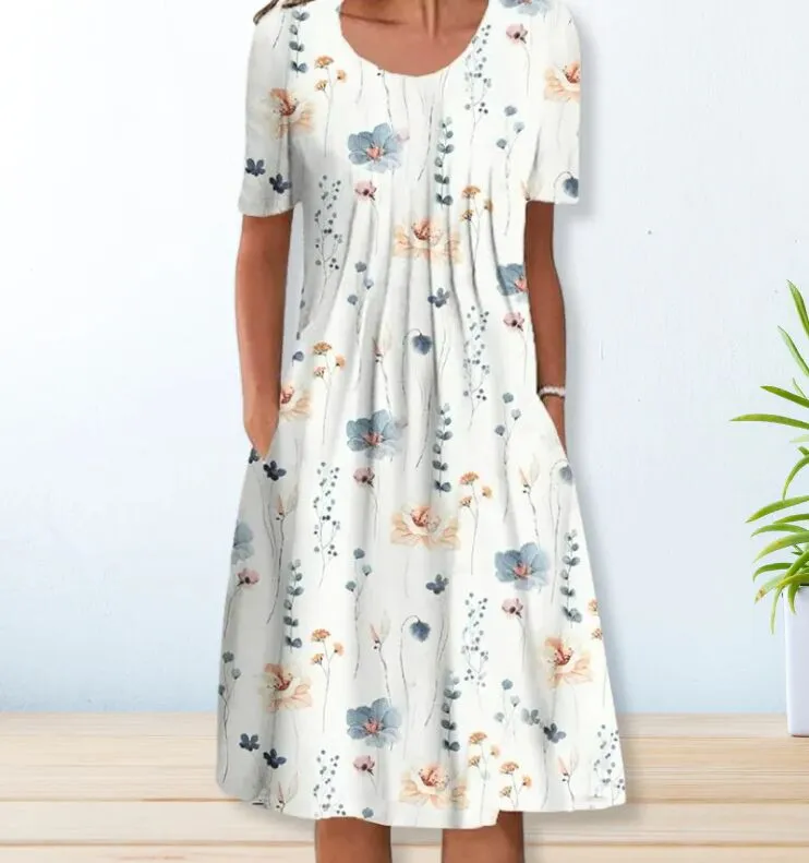 Spring And Summer Women's Elegant Large Swing Round Neck Printed Short Sleeve Dress - No 13 Color-Xxl