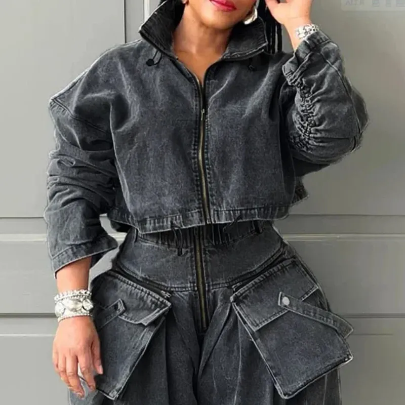 Spring Niche Design Tooling Style Denim Coat - Dark Gray