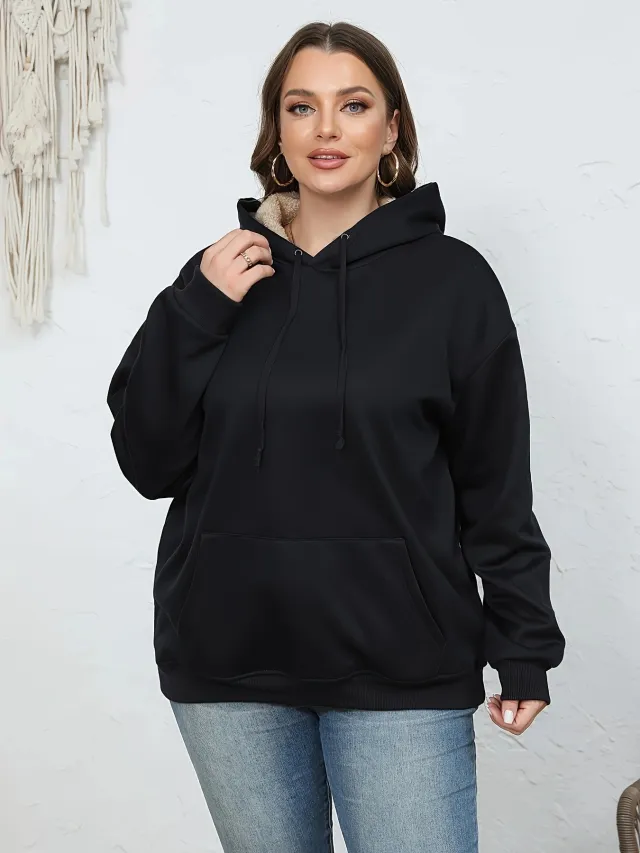 Fashionable All match Women's Warm Pocket Hooded Sweater Black - Shop at LoveMi