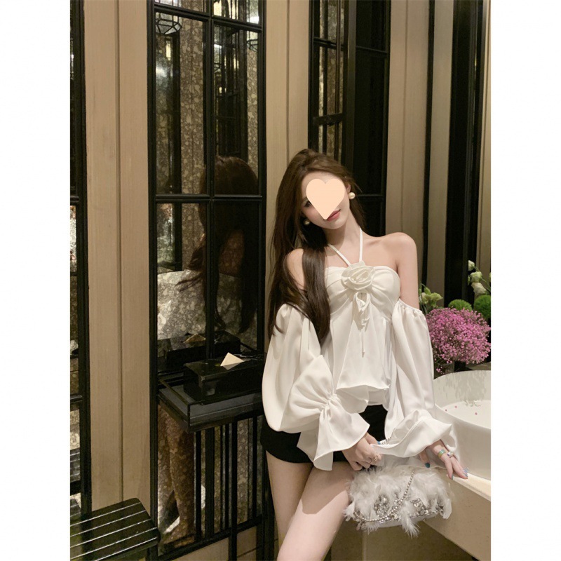 French Style Design Flower Halter Off-shoulder Tube Top