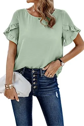Casual Pleated Short Sleeves Summer Loose Shirt Solid Color Round Neck Shirt Waist Top - Light Green