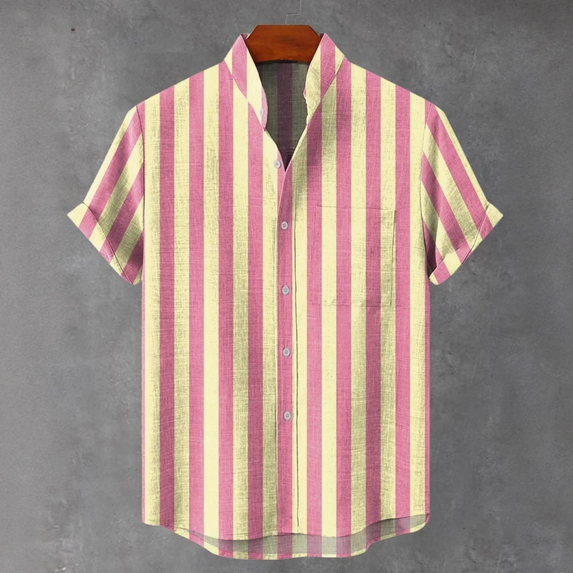 Men's Stand Collar Contrast Color Striped Casual Cool Versatile Short Sleeve