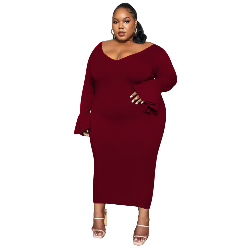 Fashionable And Sexy Plus Size Women's Solid Color Elegant V Neck Maxi Dress Wine Red - Shop at LoveMi