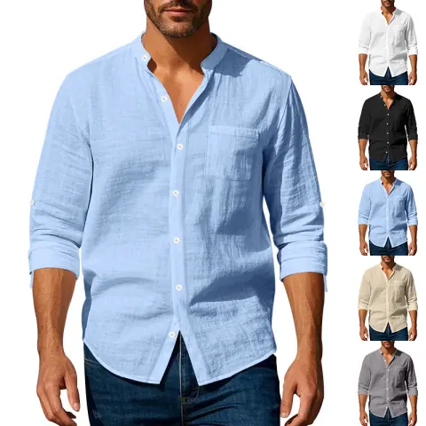 Long Sleeve Stand Collar Shirt with Pockets Casual Men's