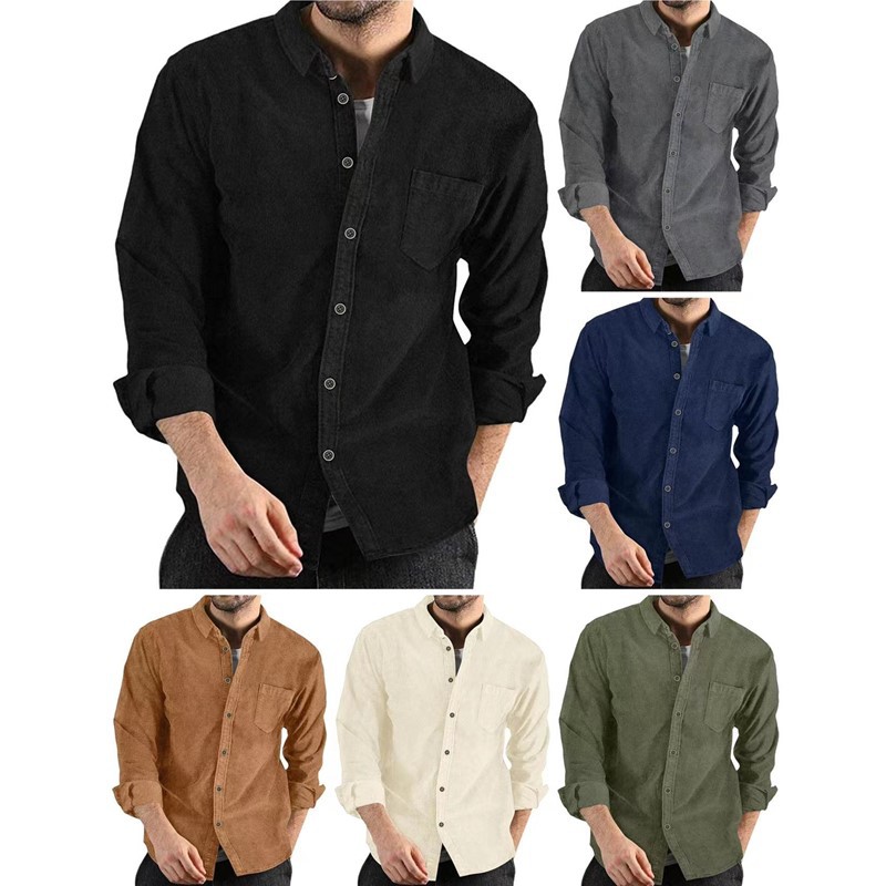 Corduroy Lapel-button Loose-fit Mens Long-sleeve Shirt