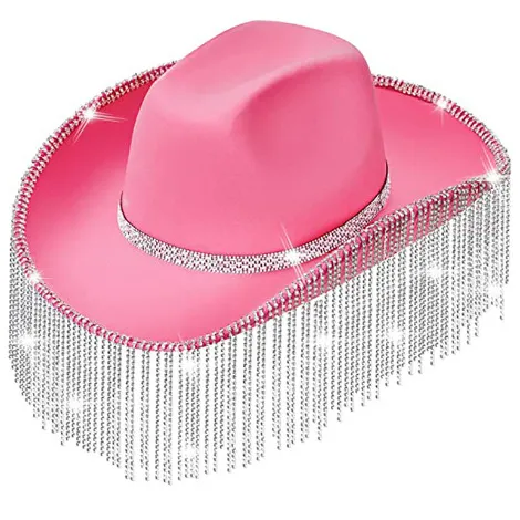 Bridal Party Rhinestone Tassel Western Denim Hat Pink - Shop at LoveMi