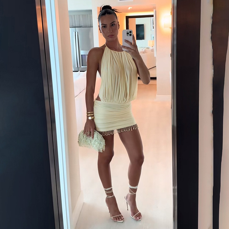 Halter Sleeveless Stitching Tassel Beads Sheath Dress