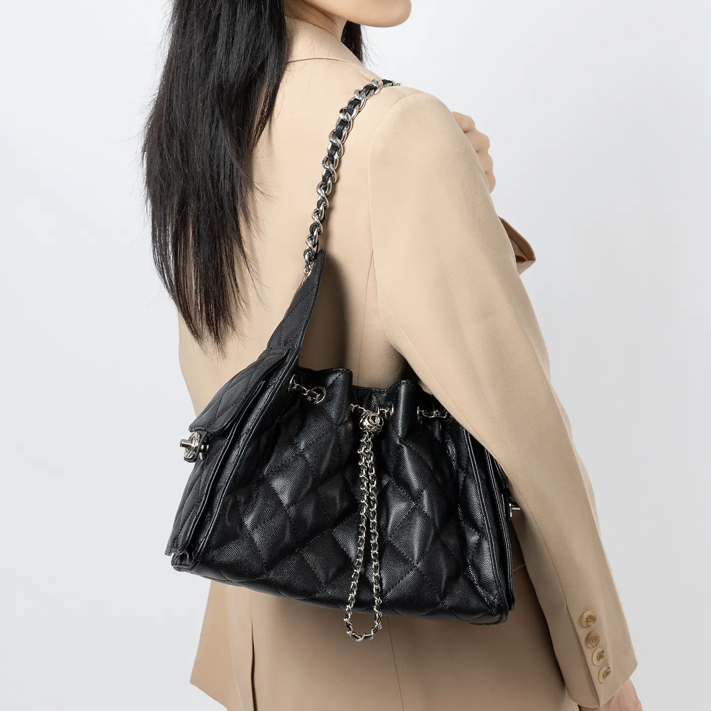 Caviar-patterned Genuine Leather Hobo Shoulder Bag