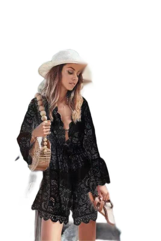 Sun-Protecting Lace V-Neck Bikini Cover-Up Shirt with Waistline Sun-Protecting Lace V-Neck Bikini Cover-Up Shirt with Waistline
