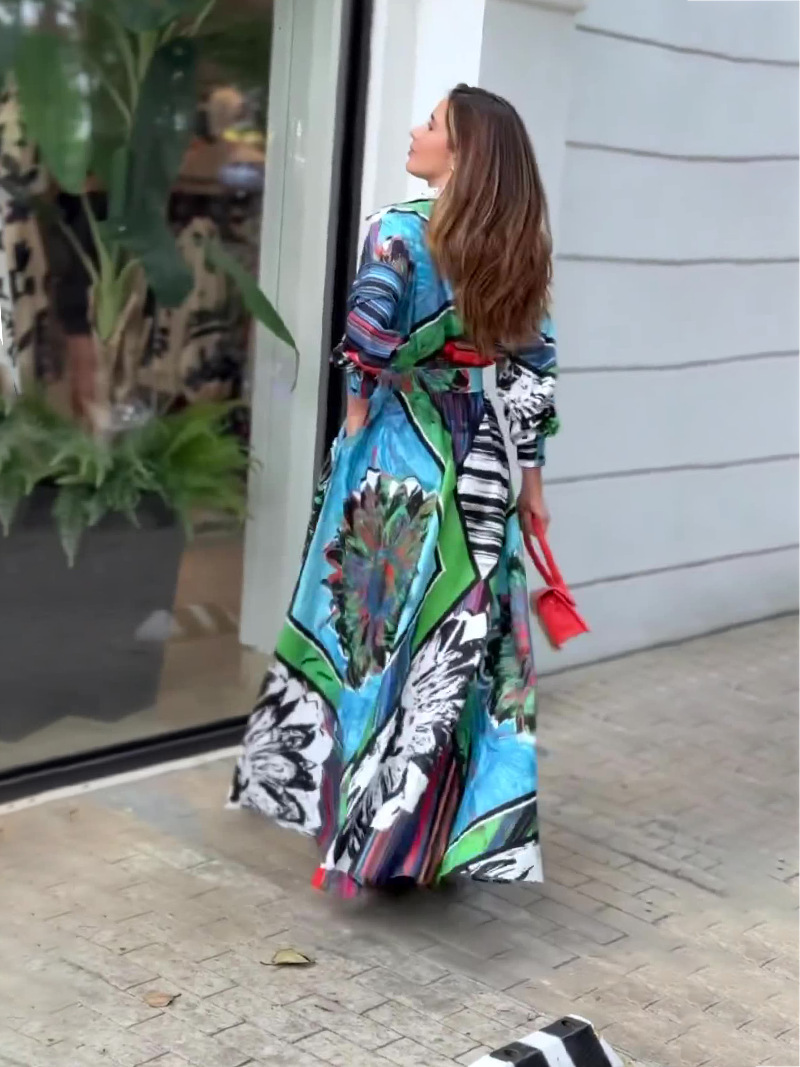 Title 7, Printed Dress Long Sleeve Cardigan Belt Long Dress