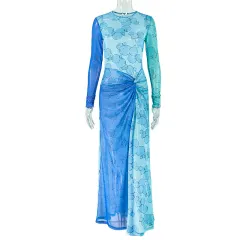 Round Neck Printed Long Sleeve Slit Dress Trendy - Blue - View 1