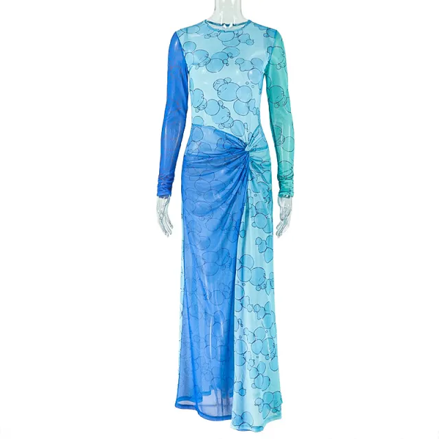 Round Neck Printed Long Sleeve Slit Dress Trendy Blue - Shop at LoveMi
