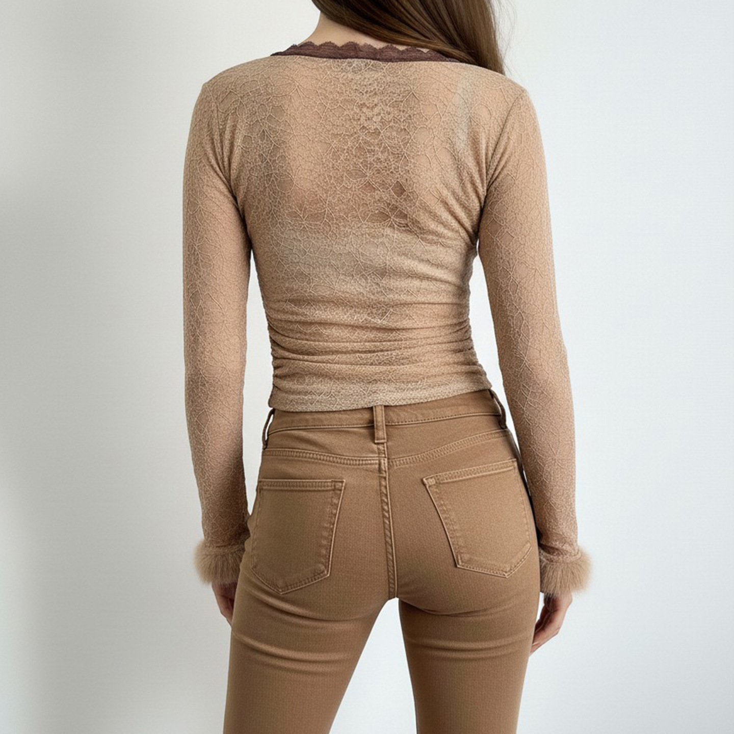 Soft-style Twist V-neck Lace Base Top Sexy, Figure-hugging Sweater With Fluffy Fabric Accents For A Sassy Look