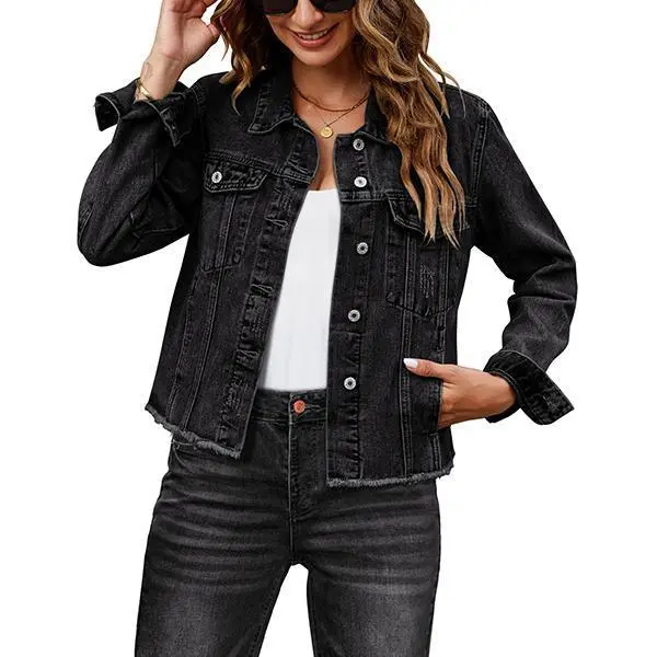 Female Solid Color Casual Embossed Denim Jacket Button Top Graphiteblack - Shop at LoveMi