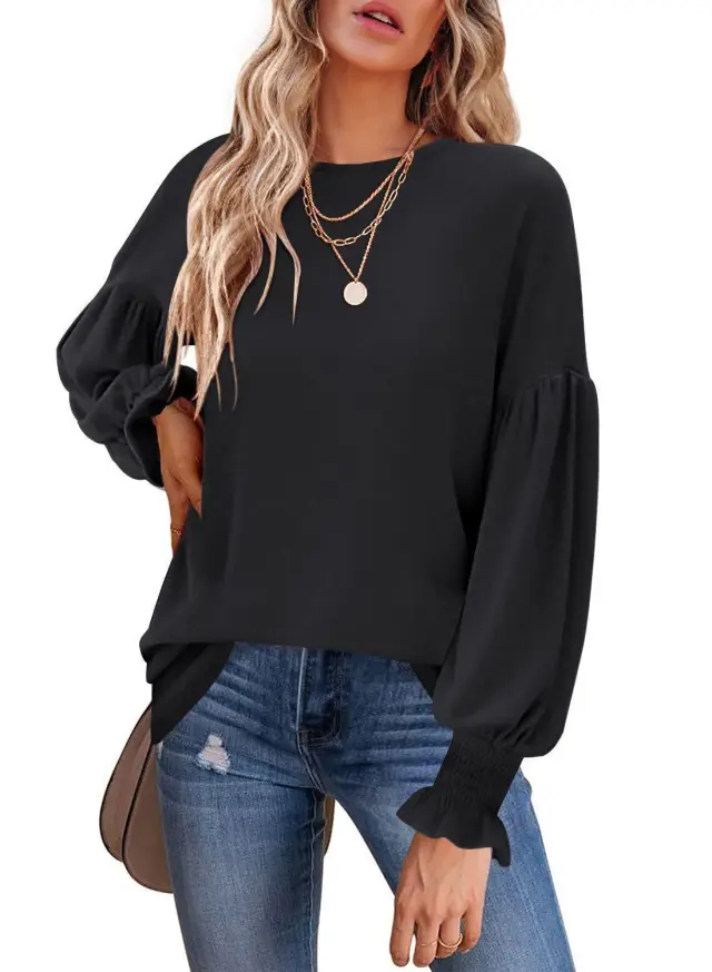 Women's Tops Round Neck Pleated Lantern Sleeve Women's Long European And American T shirt Black - Shop at LoveMi