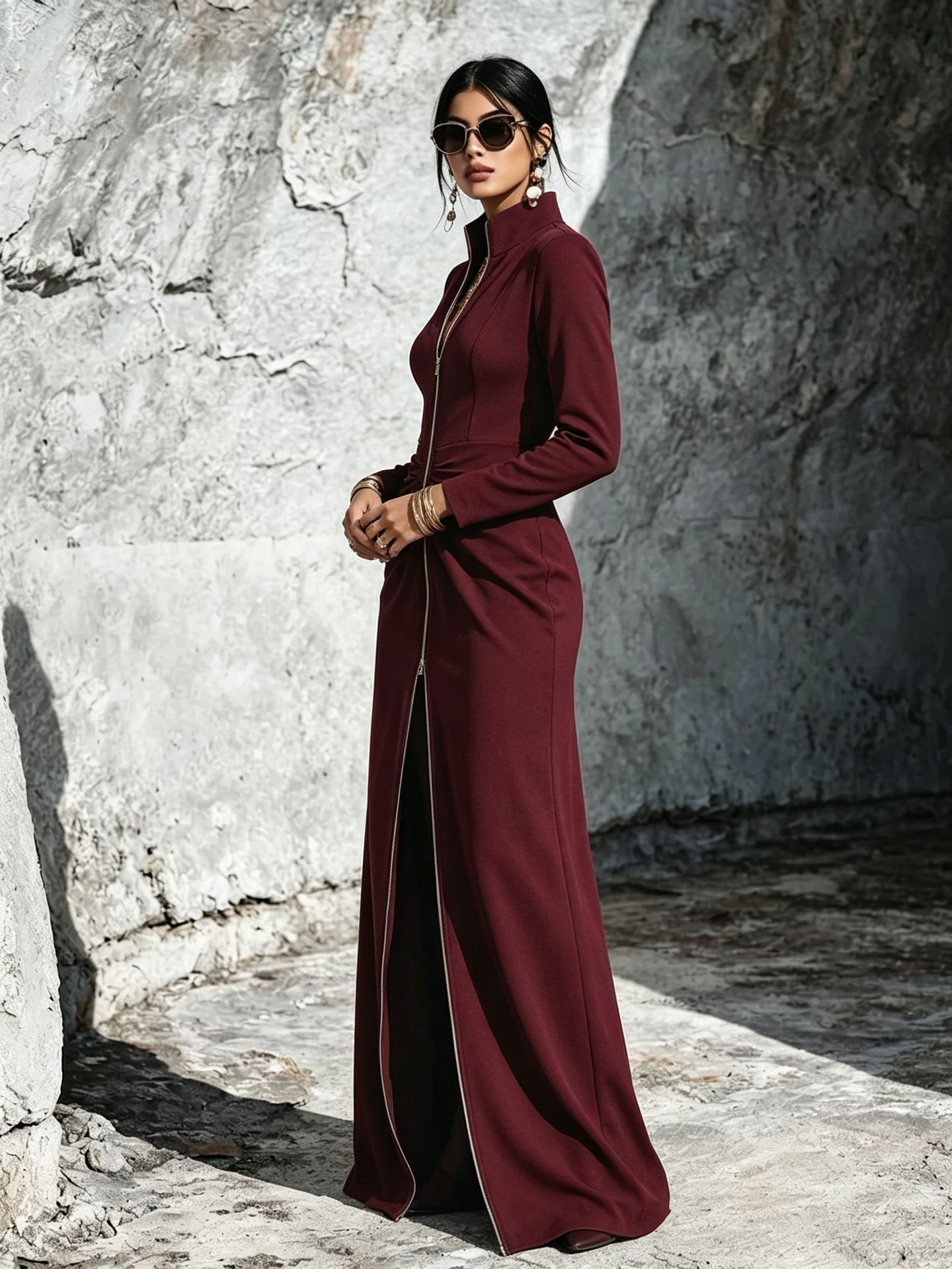 Women's Long-Sleeve Zip-Up Dress - Slim Fit Elegant