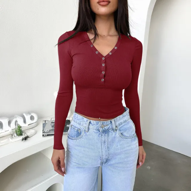 Y2g Slim fit V neck Buttons Bm Long sleeved Sweater Top Wine Red - Shop at LoveMi
