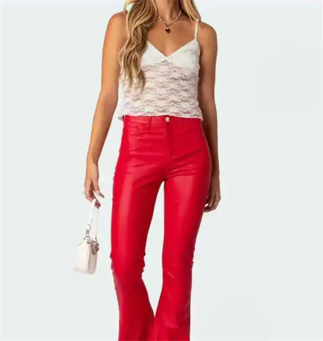 High Waist PU Leather American Tall Mopping Horseshoe Pants Red - Shop at LoveMi