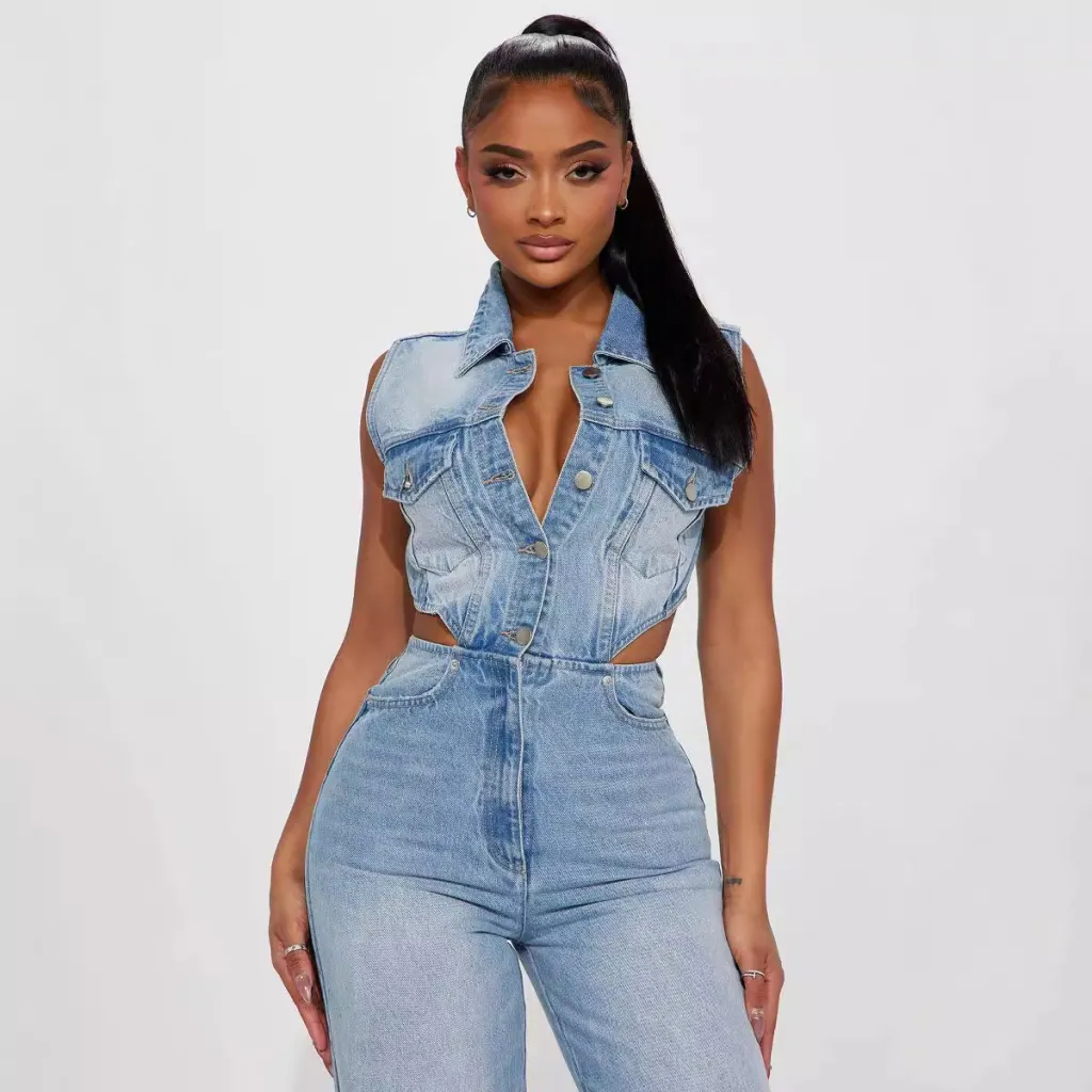 Slim Elastic Wash Denim Jumpsuit Straight Loose Jumpsuit - Light Blue