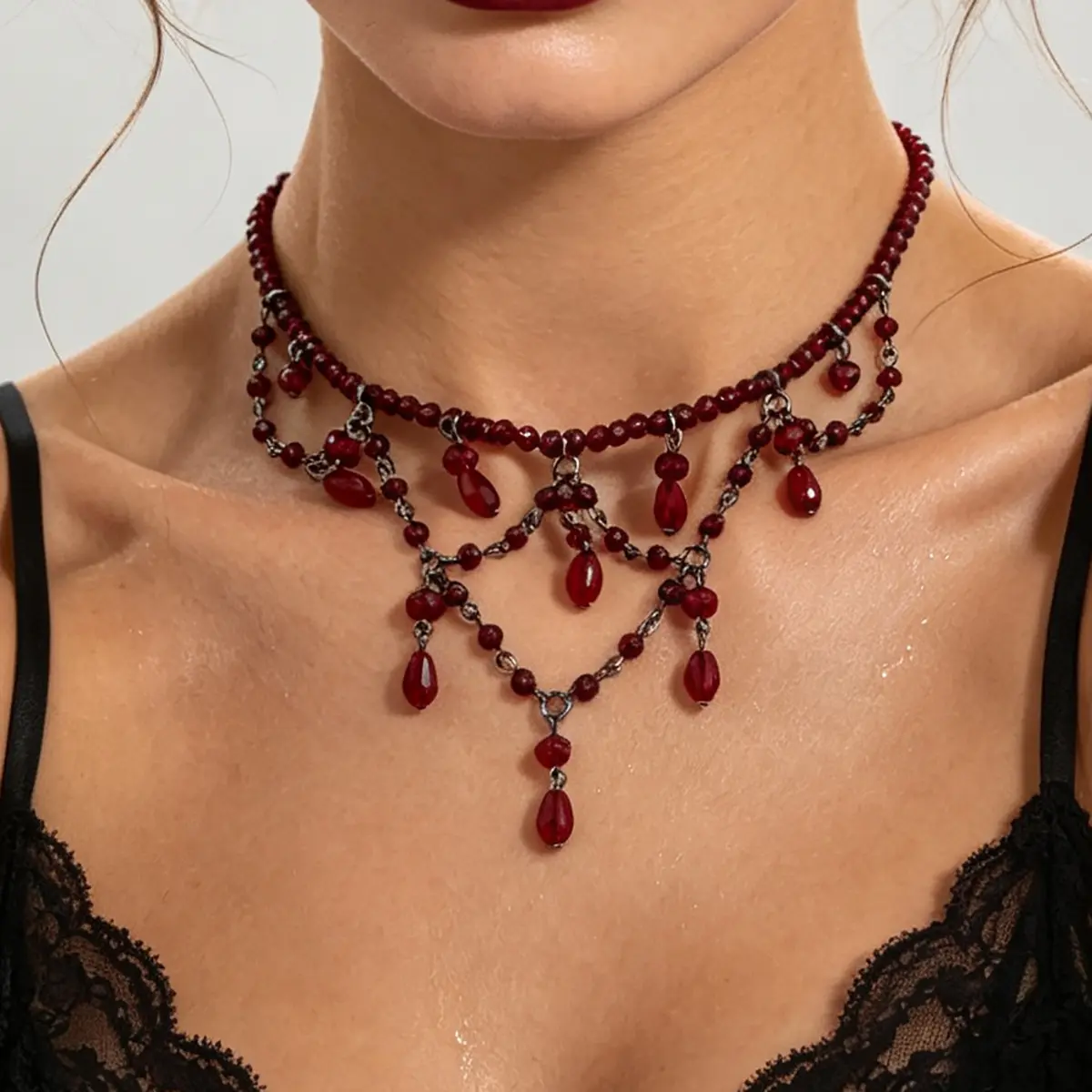 Blood-drop Tassel Niche Crystal Pendant Necklace