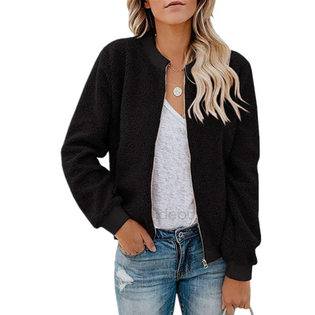 Autumn And Winter Plush Zipper Jacket For Women Black - Shop at LoveMi