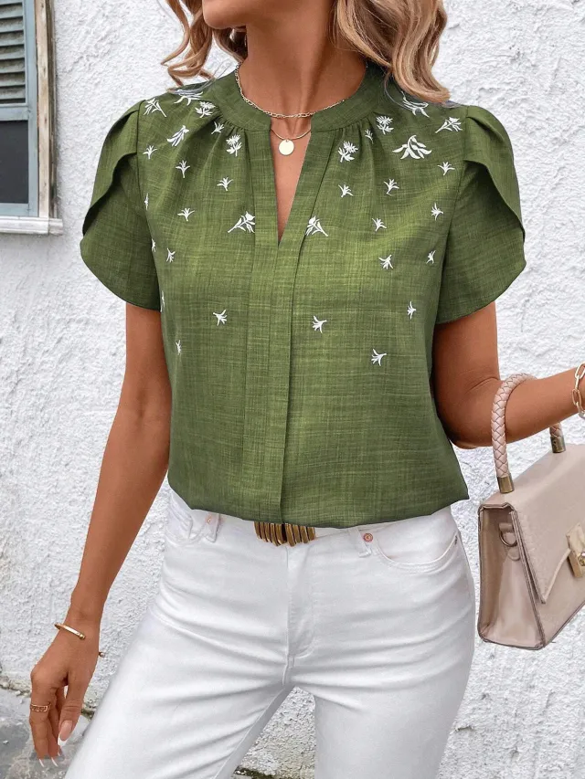 Half open Collar Short Sleeve Shoulder Creasing Printed Shirt Women's Blouse Green - Shop at LoveMi
