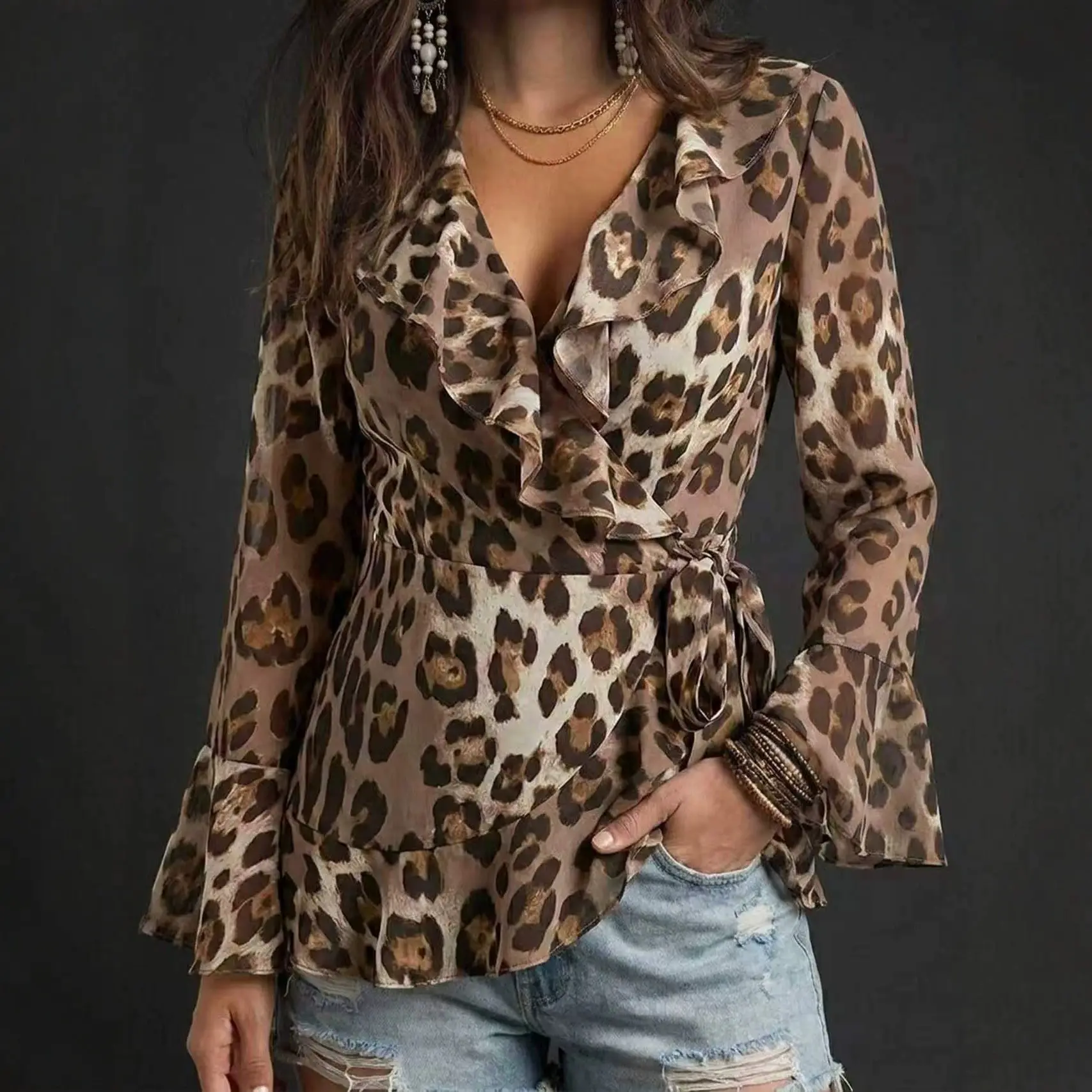Printed V-neck Chiffon Long-sleeve Shirt